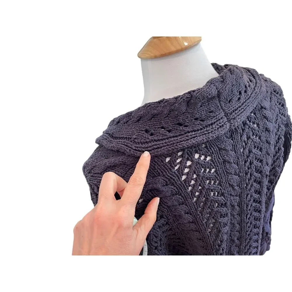 Lands' End Navy Blue Open Knit / Crochet Cardigan, Shawl Collar, V-Neck, Size LP